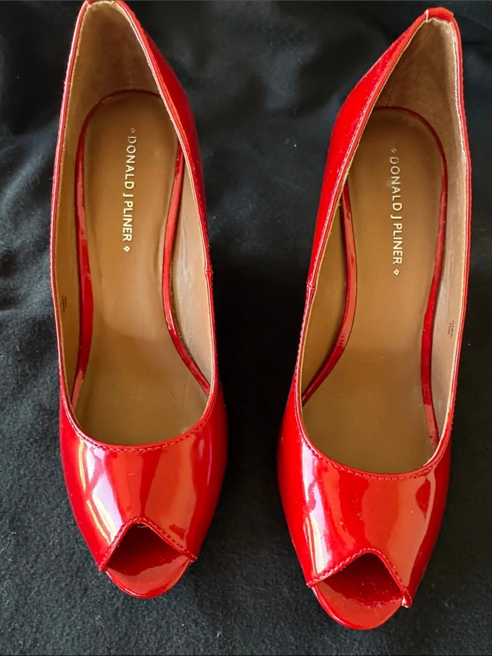 Donald J. Pliner Red Patent Peep-Toe Wedge Pumps with Textured Heel